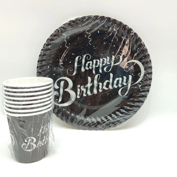 Happy Birthday Siyah Gümüş Karton Tabak Bardak Seti - 8 Kişilik