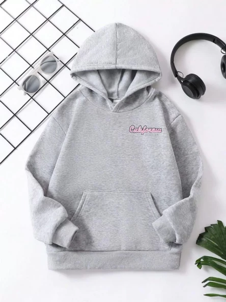 Çocuk Unisex Kapüşonlu Ön ve Arka California Baskılı Sweatshirt - Gri