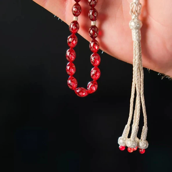 Gümüş İşlemeli Kırmızı Ateş Kehribar Tesbih - 3