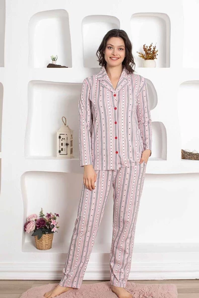 Dreamy Pamuklu Kalp Desenli Çizgili Uzun Kollu Cepli Gömlek Pijama Takımı