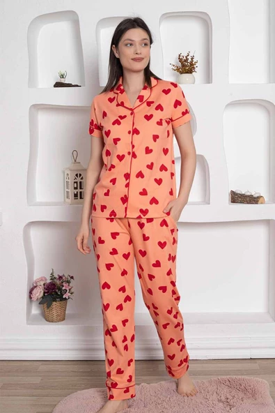 Dreamy Pamuklu Biyeli Kalp Desenli Kısa Kollu Cepli Gömlek Pijama Takımı