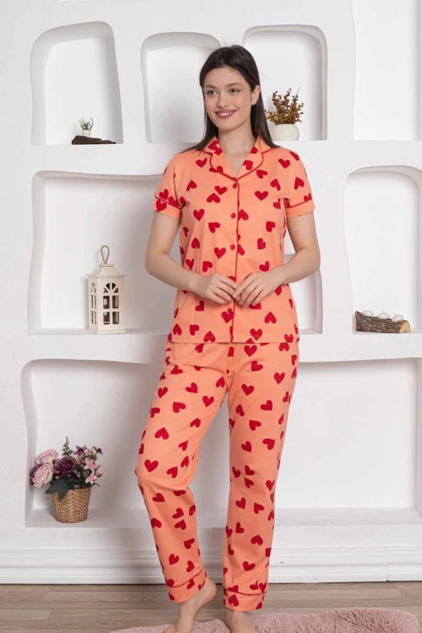 Dreamy Pamuklu Biyeli Kalp Desenli Kısa Kollu Cepli Gömlek Pijama Takımı