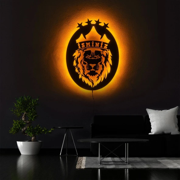 Tablo Marketi Galatasaray Tablosu, Aslan Figürü, Işıklı Duvar Dekor Ahşap, Neon Işık, Ledli Işıklı Tablo, Duvar Süsü