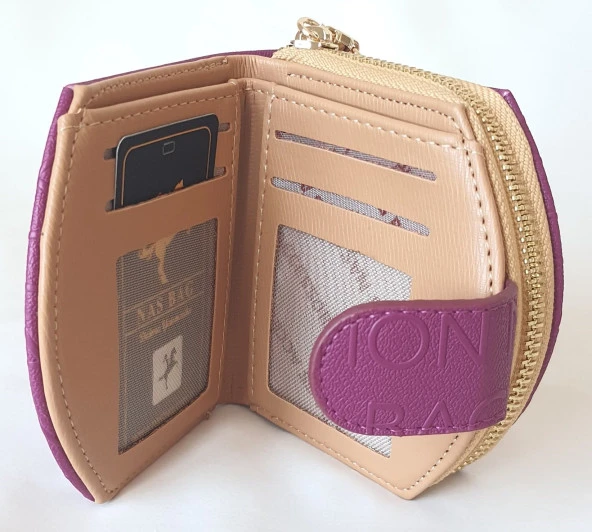 CZ008 Model Nas Bag Marka Vişne Camel Renk Gofraj Kadın Cüzdanı - 3