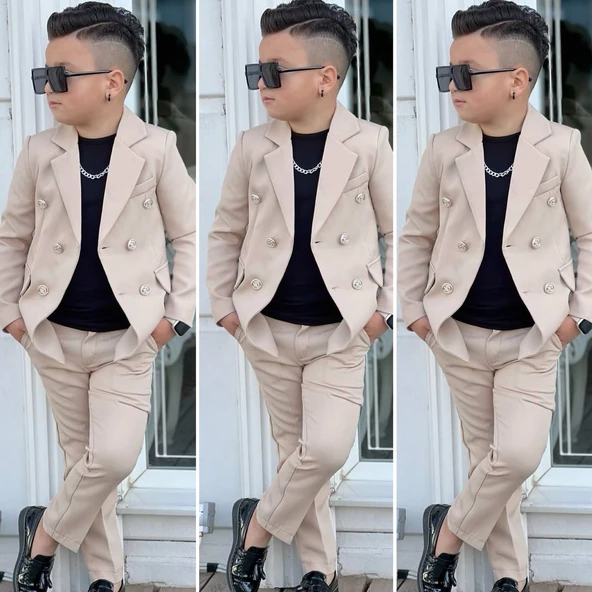 MODAVALS 4 PARÇA 6 DÜĞMELİ CEKETLİ ERKEK ÇOCUK TAKIM ELBİSE - SİYAH TSHIRT - 2