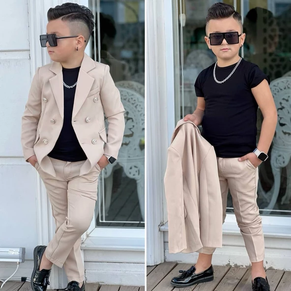 MODAVALS 4 PARÇA 6 DÜĞMELİ CEKETLİ ERKEK ÇOCUK TAKIM ELBİSE - SİYAH TSHIRT - 5