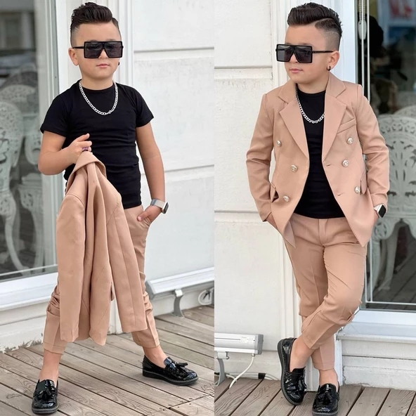 MODAVALS 4 PARÇA 6 DÜĞMELİ CEKETLİ ERKEK ÇOCUK TAKIM ELBİSE - SİYAH TSHIRT - 9