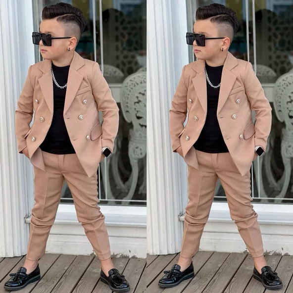 MODAVALS 4 PARÇA 6 DÜĞMELİ CEKETLİ ERKEK ÇOCUK TAKIM ELBİSE - SİYAH TSHIRT - 10