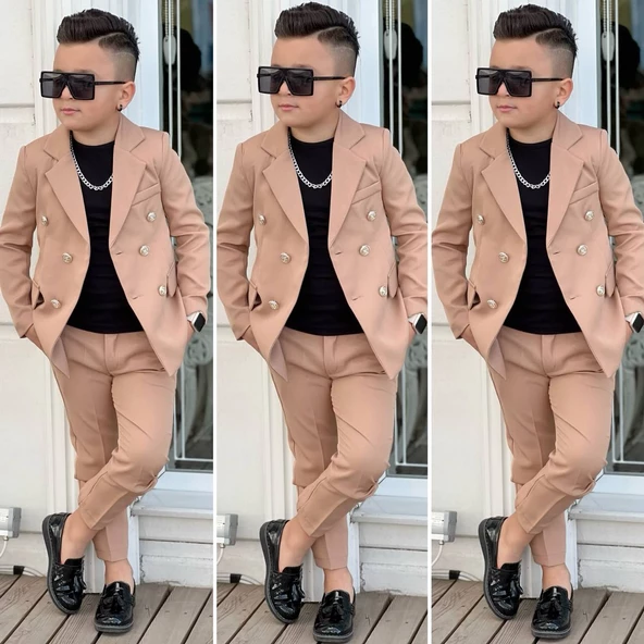 MODAVALS 4 PARÇA 6 DÜĞMELİ CEKETLİ ERKEK ÇOCUK TAKIM ELBİSE - SİYAH TSHIRT - 8