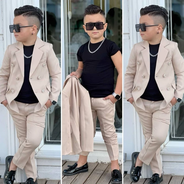 MODAVALS 4 PARÇA 6 DÜĞMELİ CEKETLİ ERKEK ÇOCUK TAKIM ELBİSE - SİYAH TSHIRT - 6