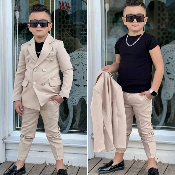 MODAVALS 4 PARÇA 6 DÜĞMELİ CEKETLİ ERKEK ÇOCUK TAKIM ELBİSE - SİYAH TSHIRT - 4