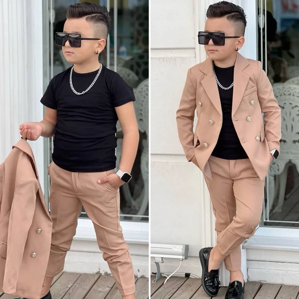 MODAVALS 4 PARÇA 6 DÜĞMELİ CEKETLİ ERKEK ÇOCUK TAKIM ELBİSE - SİYAH TSHIRT - 11