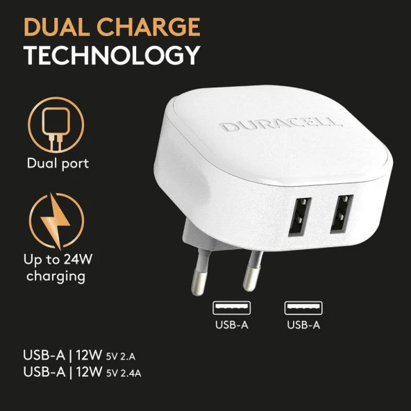 Duracell 24W Telefon / Tablet Şarj Başlığı 2xUSB 2x5v/2.4A - Beyaz - 4