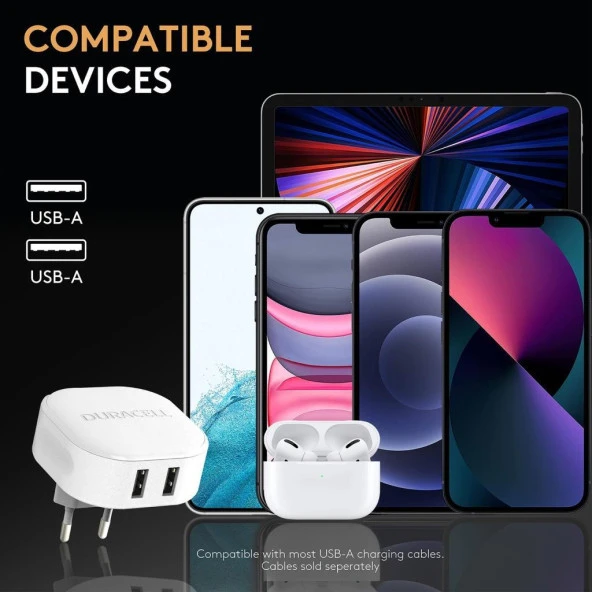 Duracell 24W Telefon / Tablet Şarj Başlığı 2xUSB 2x5v/2.4A - Beyaz - 7
