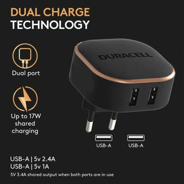 Duracell 17W Telefon / Tablet Şarj Başlığı 2xUSB 5v/3.4A - Siyah - 5