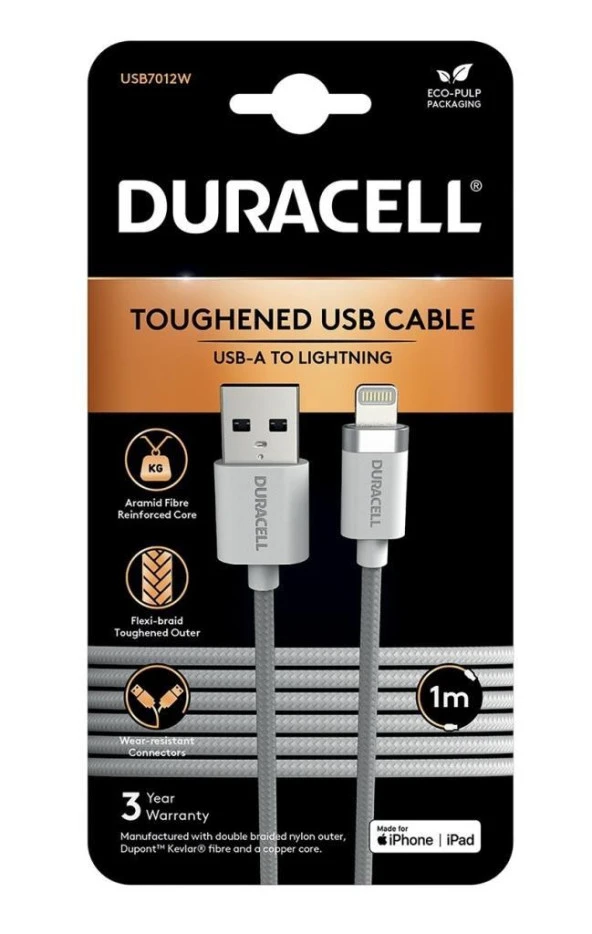 Duracell 1m Lightning to USB-A Örgülü Şarj Kablosu - Beyaz