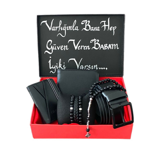 Kişiye Özel Erkek Hediye Seti Siyah Deri Kemer Cüzdan Tesbih 3 Adet Bileklik