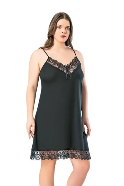 İp Askılı Yaka ve Etek Dantelli Viskon Kadın Battal Gecelik 6210 - 2