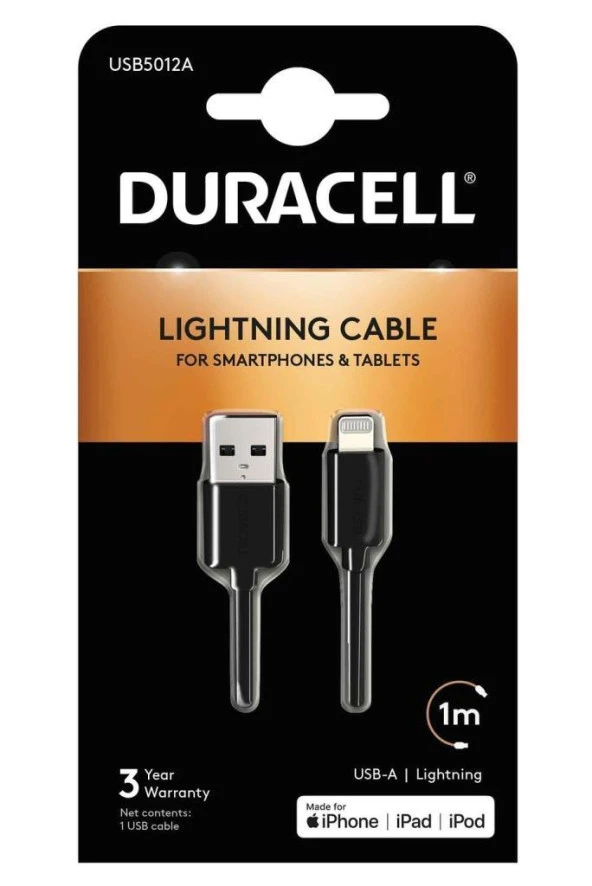 Duracell 1m Lightning to USB-A Şarj Kablosu - Siyah