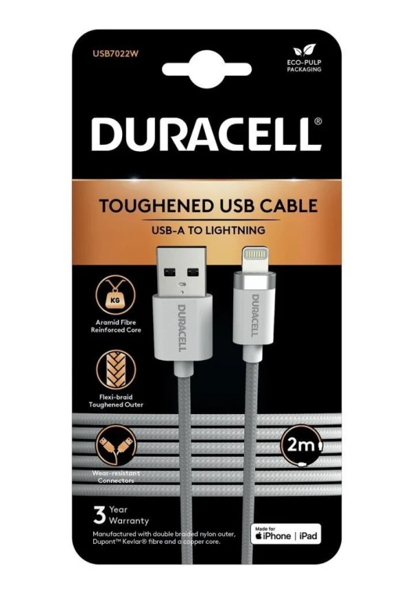 Duracell 2m Lightning to USB-A Örgülü Şarj Kablosu - Beyaz