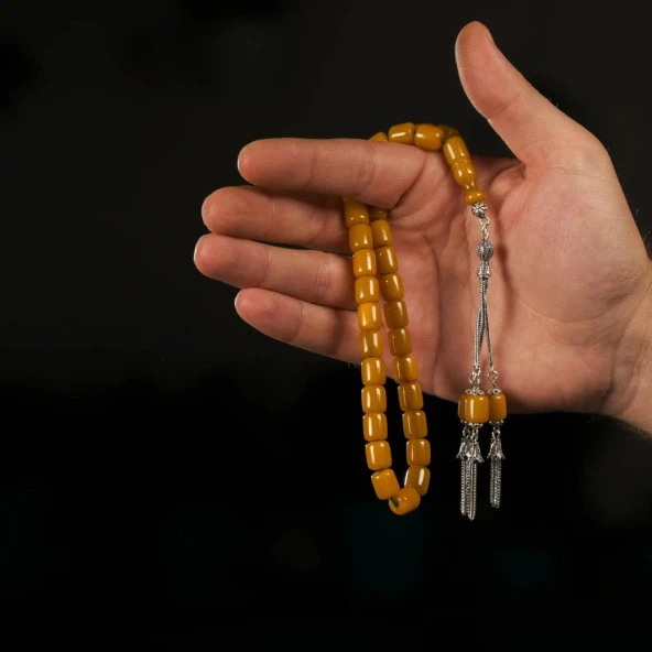 Püsküllü Sıkma Kehribar Tesbih  925 Ayar Gümüş ürün görseli 1