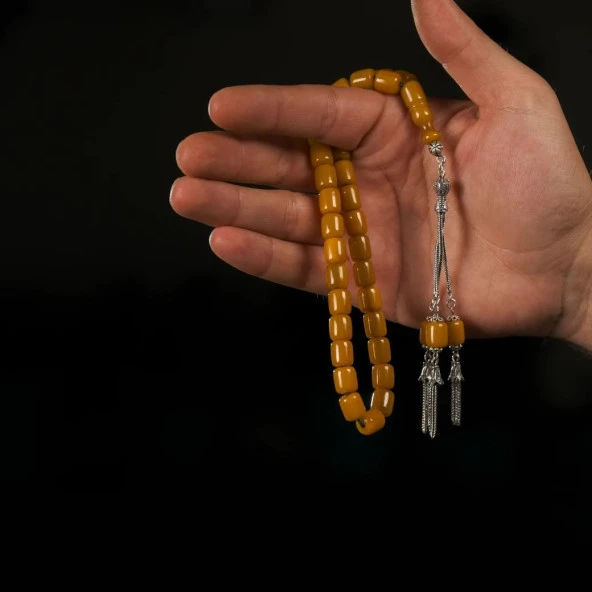 Püsküllü Sıkma Kehribar Tesbih  925 Ayar Gümüş - Resim 2