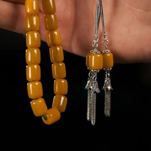 Püsküllü Sıkma Kehribar Tesbih  925 Ayar Gümüş - Resim 3