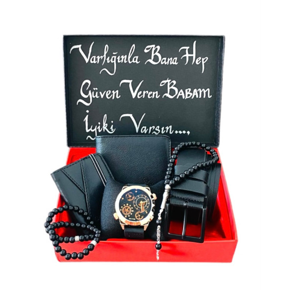 Erkek Hediye Seti Siyah Kol Saati Deri Kemer Cüzdan Kartlık Tesbih 2 Adet Bileklik