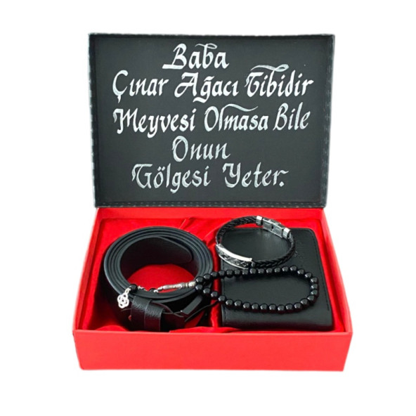 Erkek Deri Siyah Kemer Cüzdan Harfli Tesbih Ve Deri Bileklik