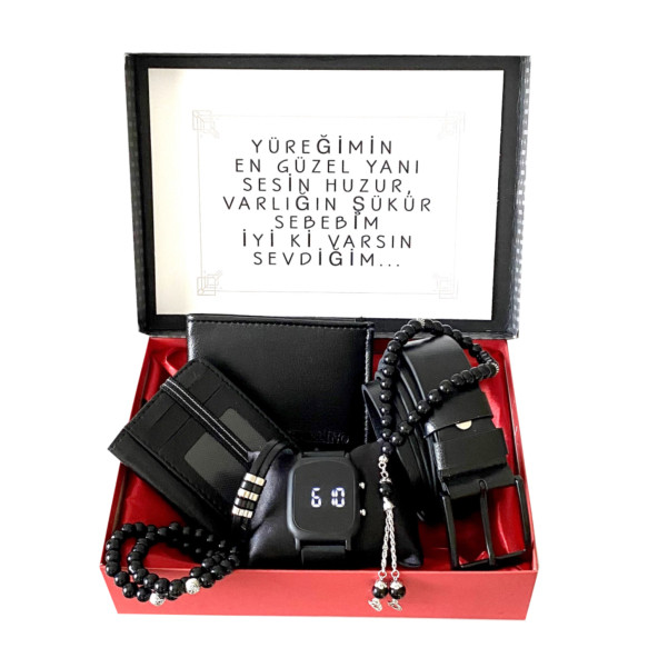 Hediye Seti Erkek Siyah Dijital Kol Saati-Cüzdan-Kemer-Kartlık-Harfli Tesbih-3 Adet Bileklik