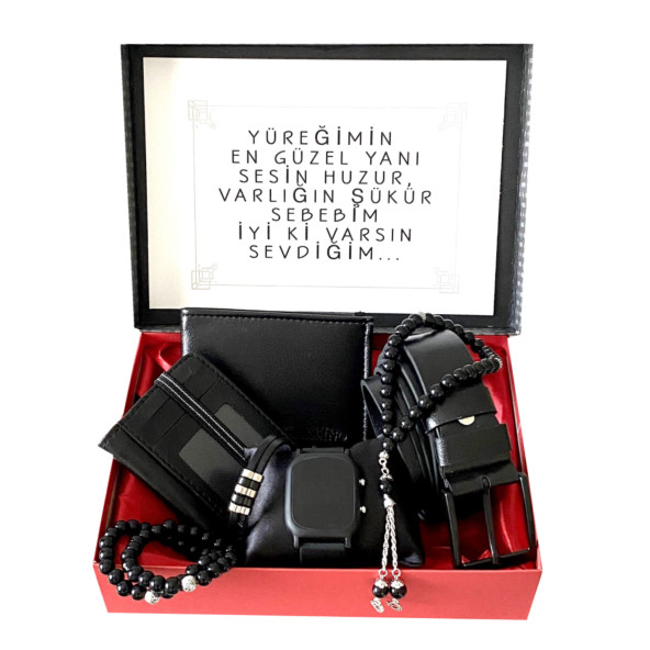 Hediye Seti Erkek Siyah Dijital Kol Saati-Cüzdan-Kemer-Kartlık-Harfli Tesbih-3 Adet Bileklik - 2