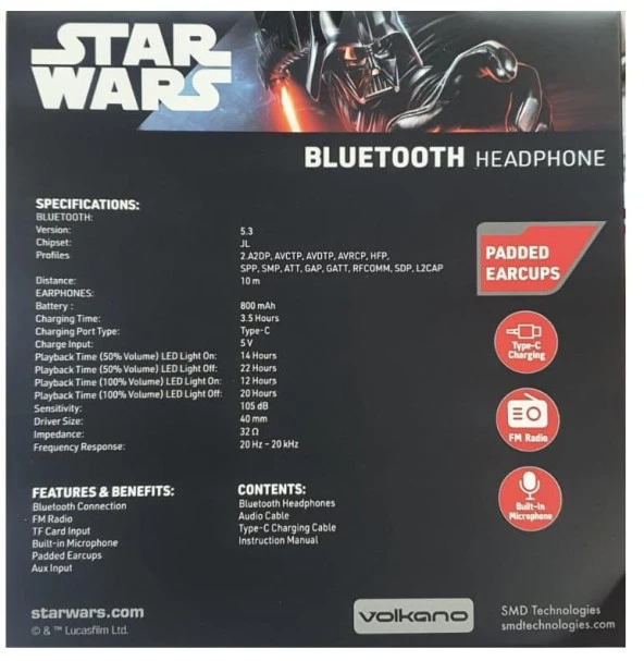 Star Wars Darth Vader Bluetooth Kulaklık Led Işıklı Mikrofonlu Kablosuz Radyolu Lisanslı SW-2021-DS - 6
