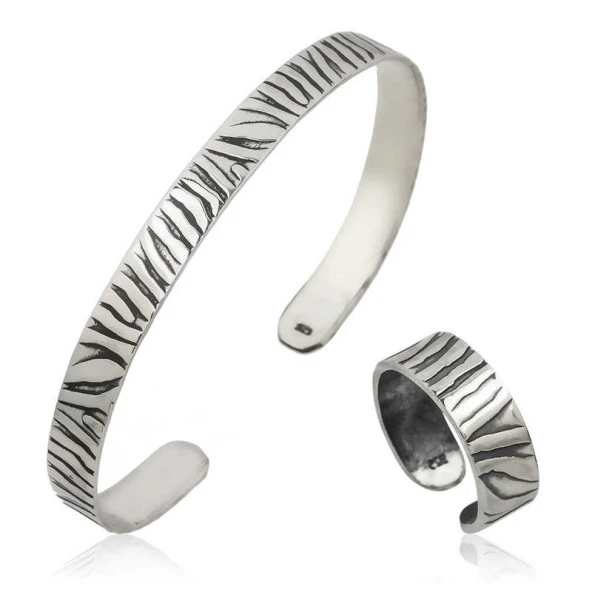 Himarry 925 Ayar Gümüş Zebra Desenli Bileklik Ve Yüzük Set