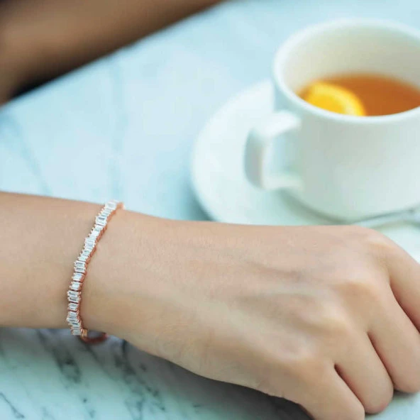 Himarry 925 Ayar Gümüş Rose Baget Taşlı Su Yolu Asansör Bileklik - Resim 3