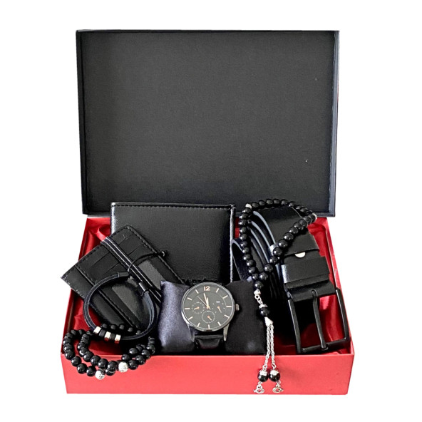 Erkek Siyah Kol Saati-Deri Cüzdan-Kartlık-Kemer-Harfli Tesbih-3 Adet Bileklik