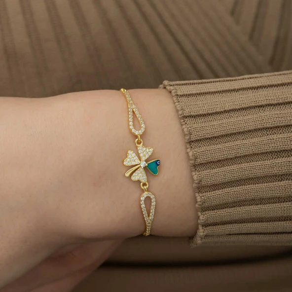 Himarry 925 Ayar Gümüş Gold Nazarlı Yonca Bileklik - Resim 2