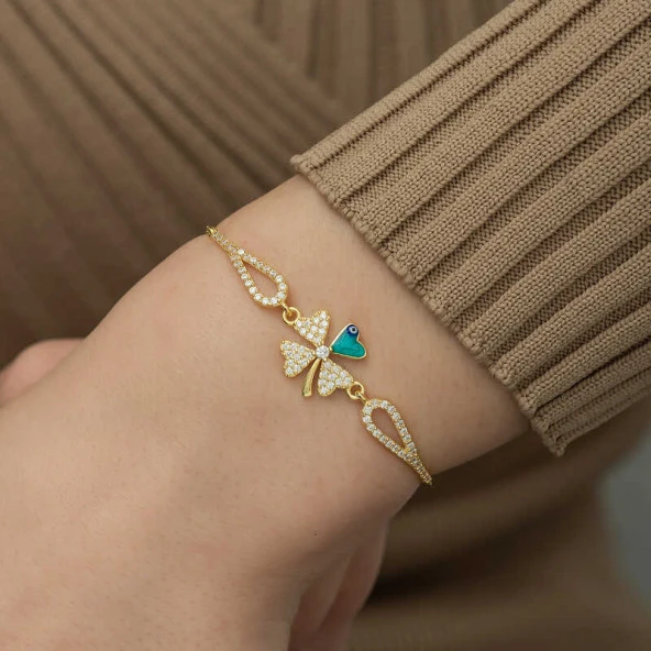 Himarry 925 Ayar Gümüş Gold Nazarlı Yonca Bileklik - Resim 3