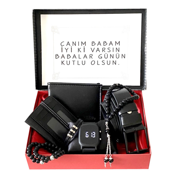 Erkek Hediye Seti Dijital Erkek Kol Saati -Deri Cüzdan Kartlık Kemer Tesbih 3 Adet Bileklik