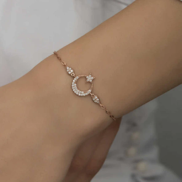 Himarry 925 Ayar Gümüş Rose Ay Yıldız Kadın Bileklik - Resim 5