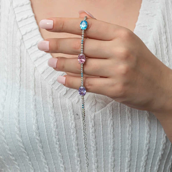 Himarry Gümüş Mix Taşlı Oval Su Yolu Kadın Bileklik - Resim 2