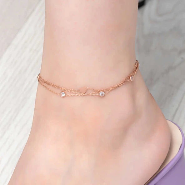 Himarry Gümüş Rose Çift Zincirli Kalp Zirkon Taşlı Halhal ürün görseli