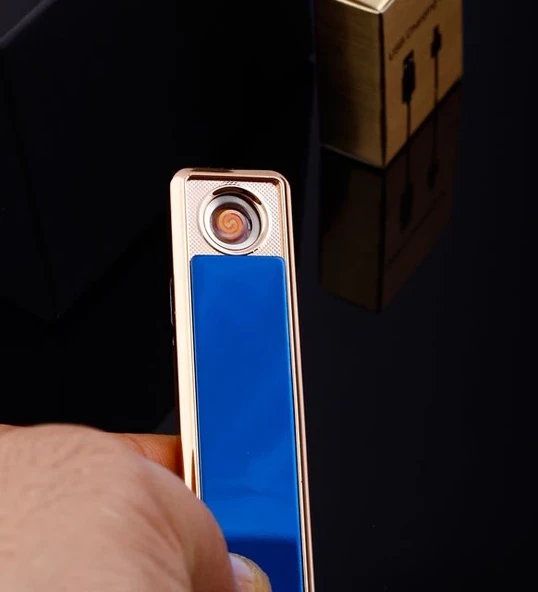 Şık Görünümlü Usb Şarjlı Rezistanslı İnce Slim Metal Çakmak (mavi) - Resim 2
