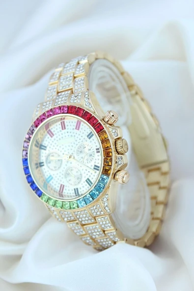 Clariss Trend Gold Metal Kordonlu Zirkon Taş Kaplama Renkli Taşlı Kasa Tasarımlı Lüx Kadın Kol Saati - 3