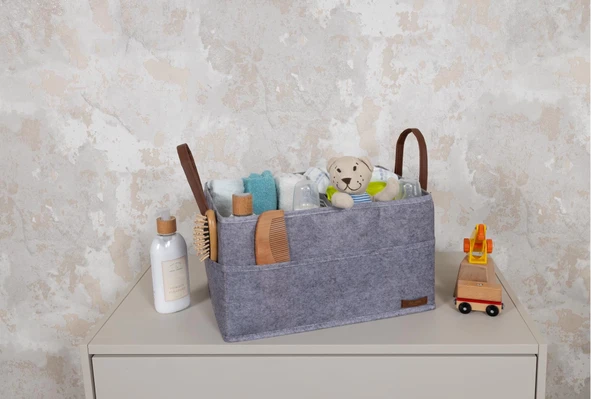 3 Gözlü Deri Şeritli Çok Amaçlı Düzenleyici Organizer Kutu Keçe Sepet 03860 - Resim 5