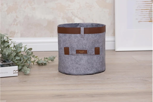 Deri Şeritli Yuvarlak Çok Amaçlı Düzenleyici Organizer Kutu Keçe Sepet (mini) 03822 - Resim 5