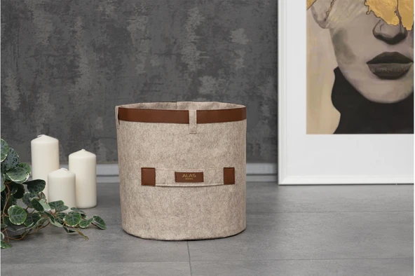 Deri Şeritli Yuvarlak Çok Amaçlı Düzenleyici Organizer Kutu Keçe Sepet (mini) 03822 - Resim 6