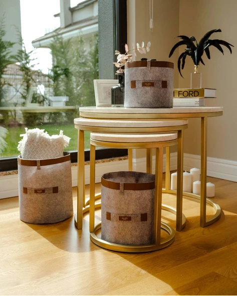 Deri Şeritli Yuvarlak Çok Amaçlı Düzenleyici Organizer Kutu Keçe Sepet (mega) 03877 ürün görseli 1