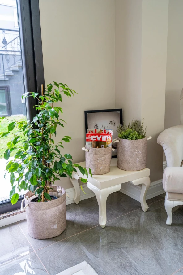 Kulplu Yuvarlak Düzenleyici Çok Amaçlı Kolay Taşınabilen Organizer Keçe Sepet (3'lü Set) - Resim 4