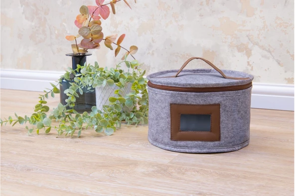 Deri Şeritli Pencereli Yuvarlak Çok Amaçlı Düzenleyici Organizer Kutu Keçe Çanta (mini)