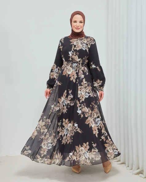 Yaprak Desenli Zarif Ve Şık Uzun Boy Büyük Beden Astarlı Şifon Elbise - Resim 4